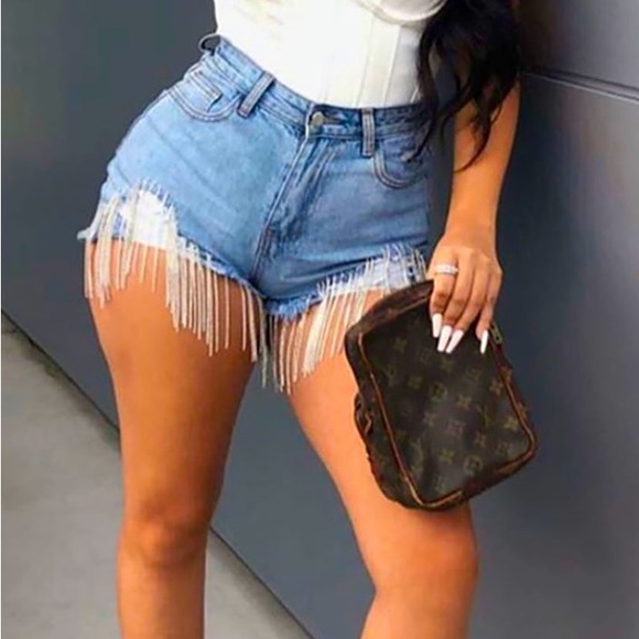 Blue jean dripped out shorts bling - Picture 1 of 2